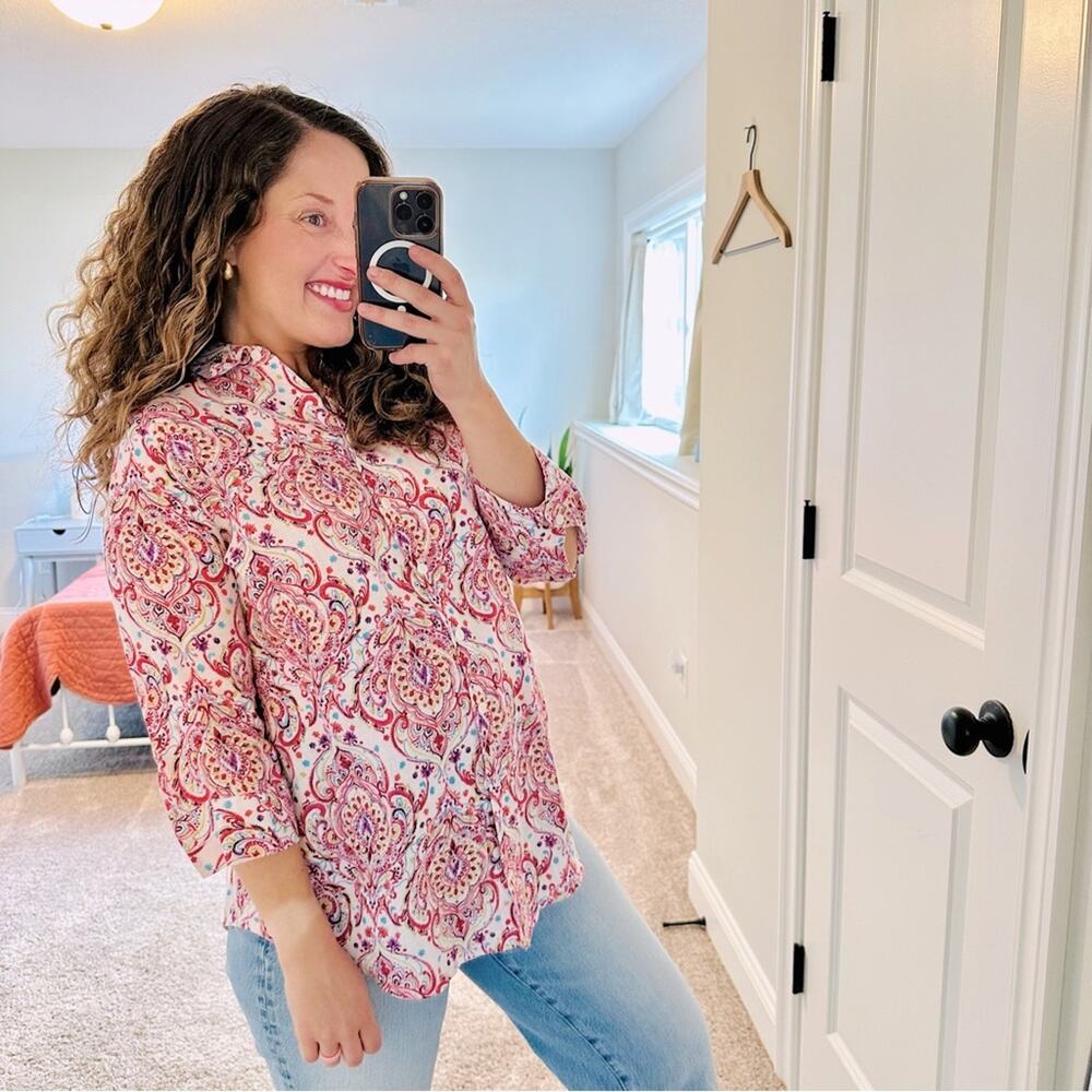 Chico’s White Pink Paisley Linen Long Sleeve Top Blouse Small